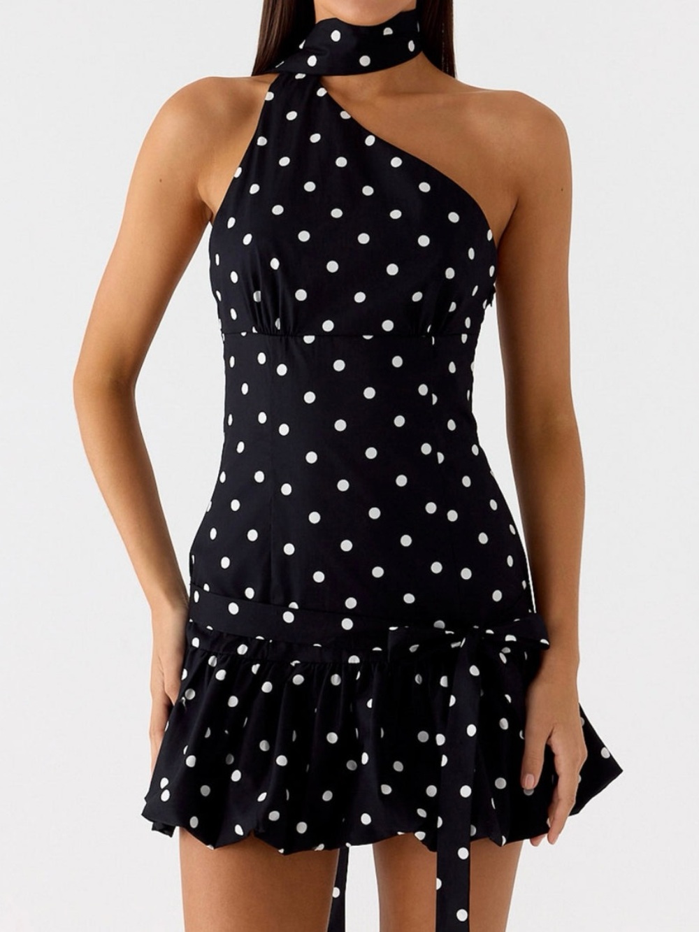 Peppermayo Black and White Polka Dot One-Shoulder Belina Scarf Mini Dress